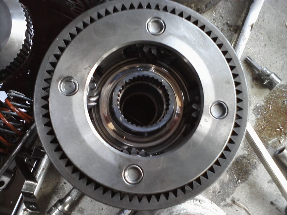 Close-up of an automatic transmission planetary ring gear and splined center hub