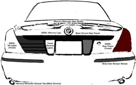 2001 Mercury Grand Marquis - This diagram highlights the rear details of a Mercury Grand Marquis, indicating updates from 2003 onwards.