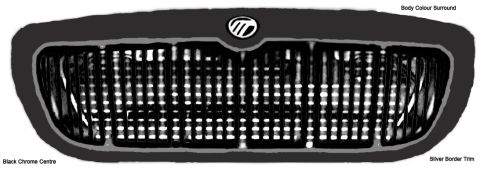 2001 Mercury Grand Marquis - A black chrome Mercury grille with a body color surround and vertical bars is shown.