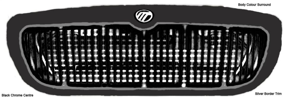 Annotated Mercury grille mock-up labeling body-colour surround, black chrome centre, silver trim