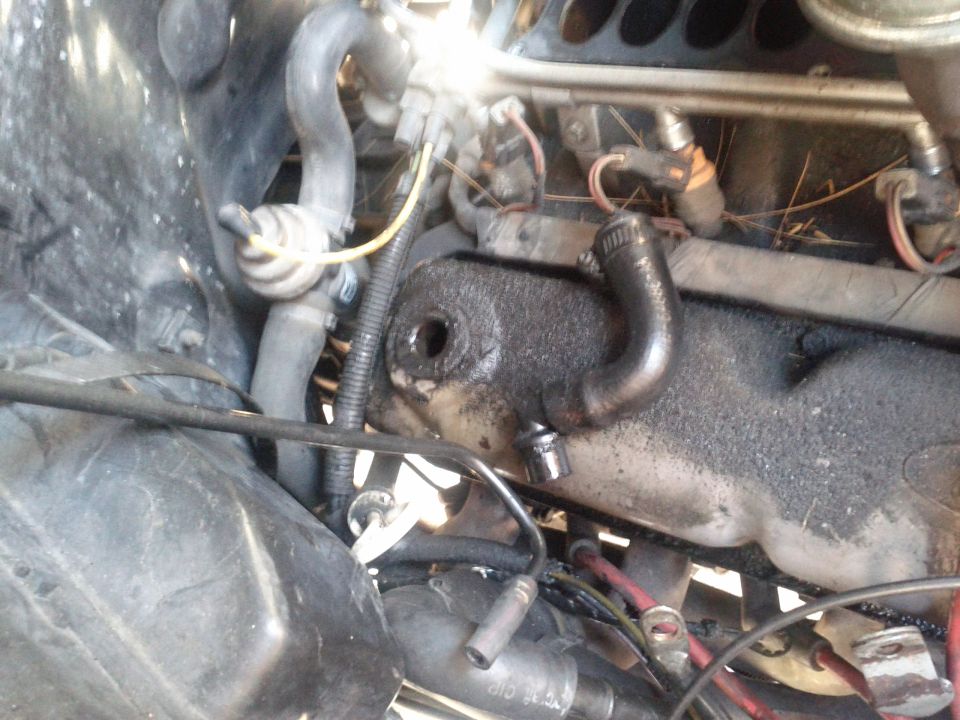 Grimy engine bay showing valve cover, breather hose, and wiring harness