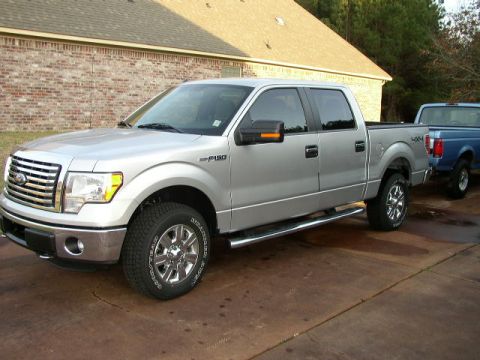 1995 Ford Bronco - A silver Ford F-150 pickup truck is parked on a concrete driveway next to a blue truck.