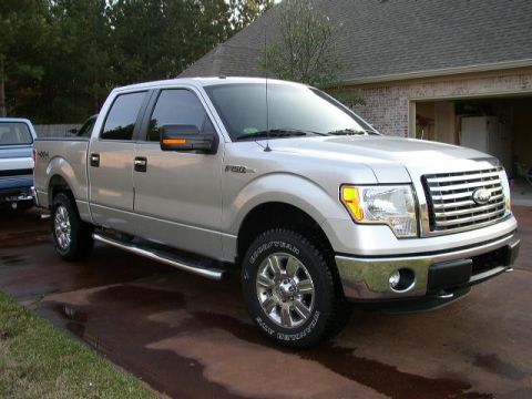 1995 Ford Bronco - A silver Ford F-150 pickup truck is parked in a driveway next to a house.