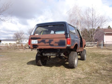 1988 Ford Bronco - This lifted Ford Bronco, likely from the late 1980s, is shown from the rear in a yard with houses and trees in the background.