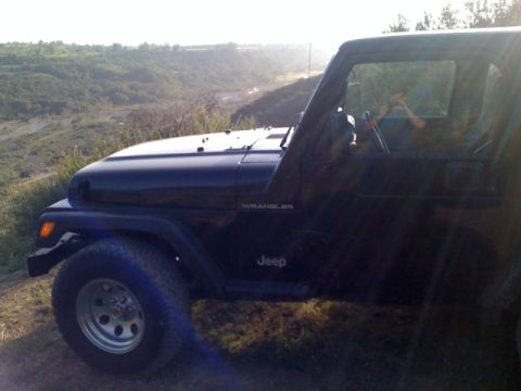 1990 Ford Probe - A dark blue Jeep Wrangler is parked on a grassy hillside overlooking a valley.