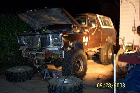1978 Ford Bronco - This 1978 Ford Bronco is undergoing repairs with its hood up and front grille removed.