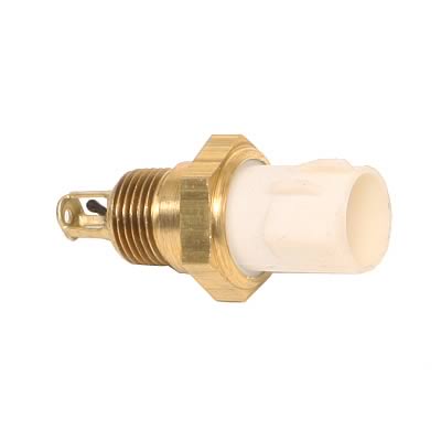 1990 Ford Bronco - A close-up view of a brass temperature sensor with a white plastic connector, isolated on a white background.