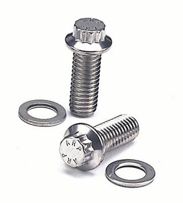 1990 Ford Bronco - Close-up of two ARP bolts with washers, highlighting their metallic texture and visible branding.