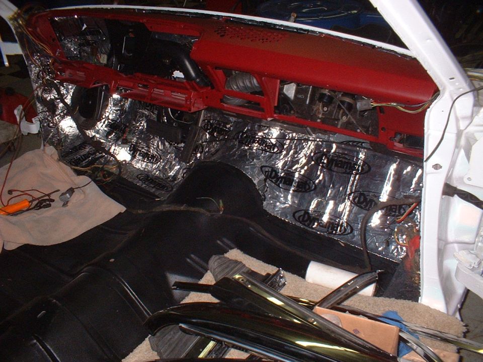 1967 Ford Galaxie interior showing dashboard and soundproofing material on floor and firewall