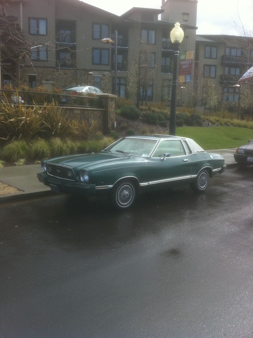 Green coupe with vinyl roof, side view. Appears to be a 1975 Ford Mustang II