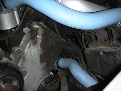 1998 Ford Crown Victoria - engine bay close-up showing a cast housing marked 47, serpentine belt pulley, and light blue coolant hoses.