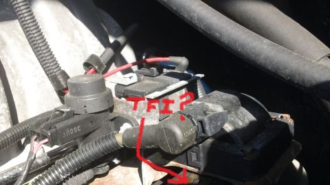 1994 Ford Bronco - Close-up engine-bay photo with a hand-drawn red arrow and the label 'TFI?' pointing at a black ignition module mounted on the distributor.…
