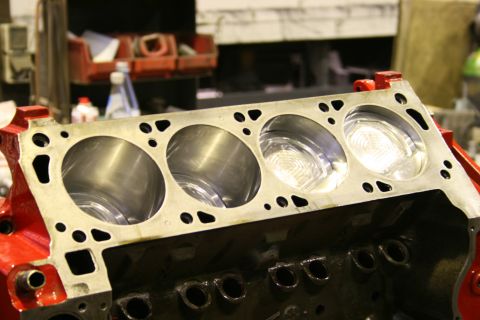 1973 Ford Ranchero - Close-up view of an engine block, showing the cylinders and pistons. The registry claims it is from a 1973 Ford Ranchero.