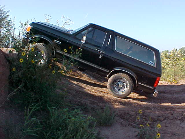 Black 1989 Ford Bronco climbing a dirt hill with vegetation on the left