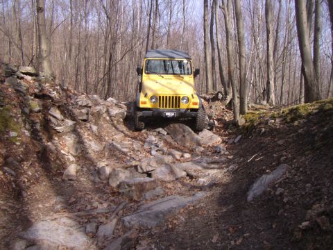 2003 Jeep Wrangler - Yellow 2003 Jeep Wrangler driving on a challenging, rocky trail through a wooded area.