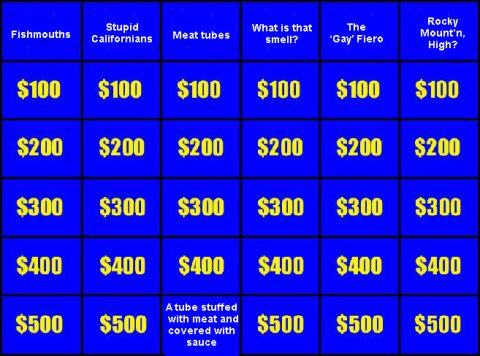 1971 Ford Ranchero - A Jeopardy game board is displayed with various categories and dollar values.