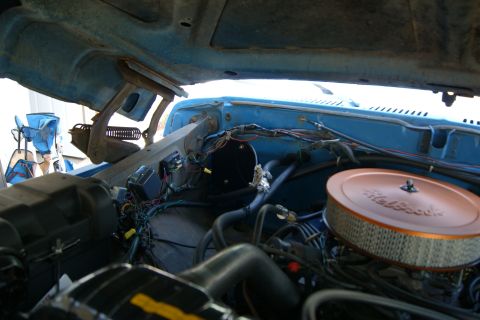 1978 Ford Bronco - The engine bay of a 1978 Ford Bronco, a prominent Holley air cleaner and blue exterior paint.