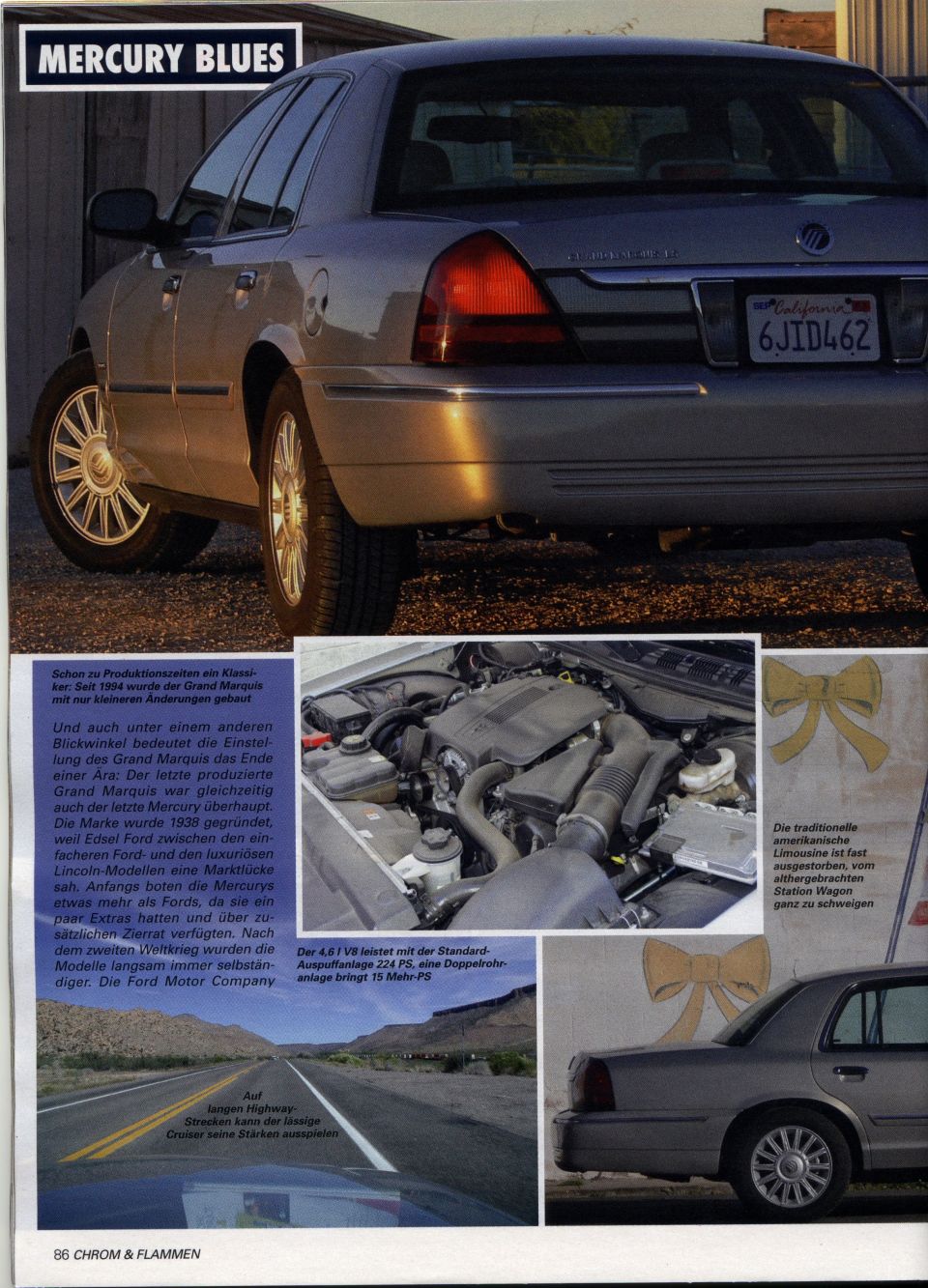 Rear view of a silver Mercury Grand Marquis on a gravel surface. License plate reads 6JID462