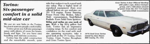 1976 Ford Torino - This 1976 Ford Gran Torino is described as a mid-size car with six-passenger comfort and a 351 V-8 engine.