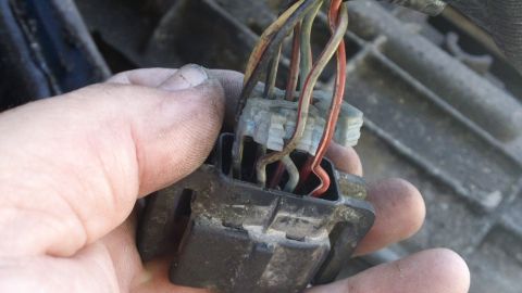 1994 Ford Bronco - A hand holds a dirty wiring harness connector with several wires visible.