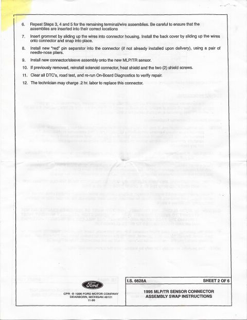 1990 Ford Bronco - Ford document detailing steps for replacing a transmission sensor connector assembly.