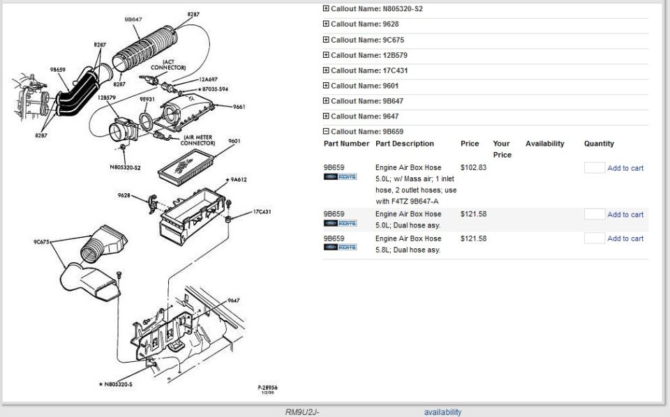 Exploded air box hose parts diagram beside an online parts catalog listing