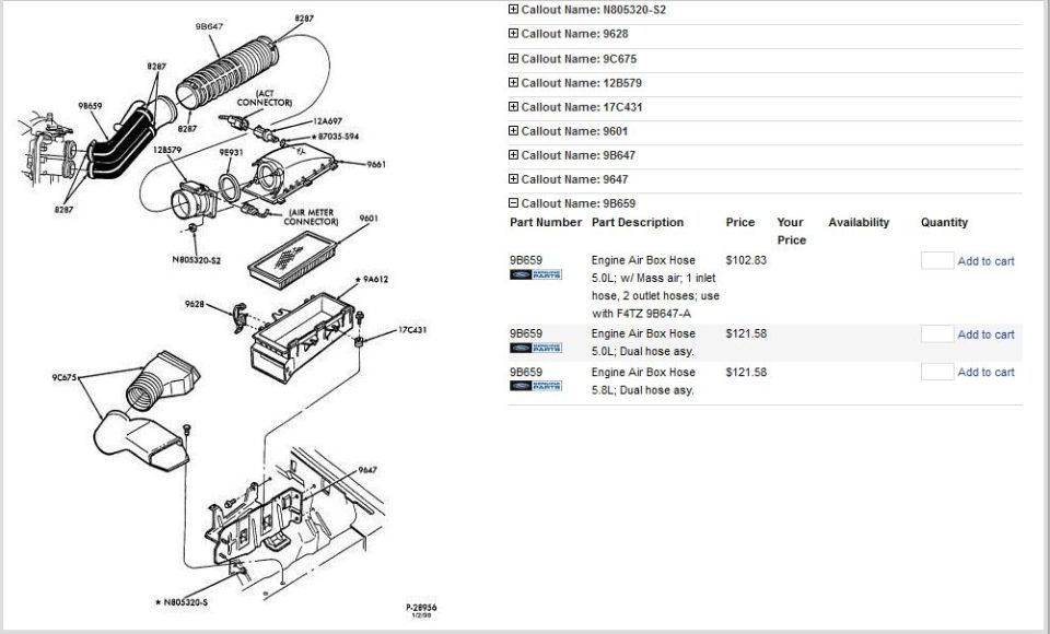 Exploded air box hose parts diagram beside an online parts catalog listing