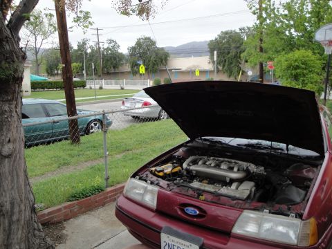 2003 Ford Taurus - A red sedan with its hood open, parked on a residential street next to a chain-link fence.
