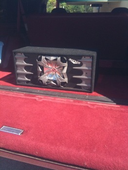 1995 Ford Bronco - A subwoofer is visible in the cargo area of a vehicle with red carpeting.