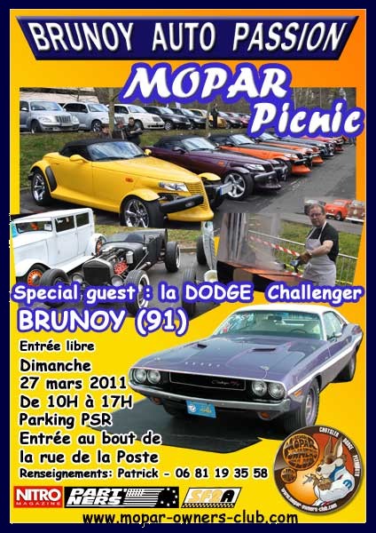 1991 Ford LTD Crown Victoria - A purple Dodge Challenger is prominently displayed at the Mopar Picnic event in Brunoy, France.