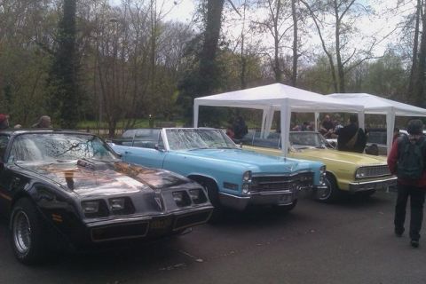 1991 Ford LTD Crown Victoria - Three vintage convertible cars are parked in a row under tents at an outdoor event.