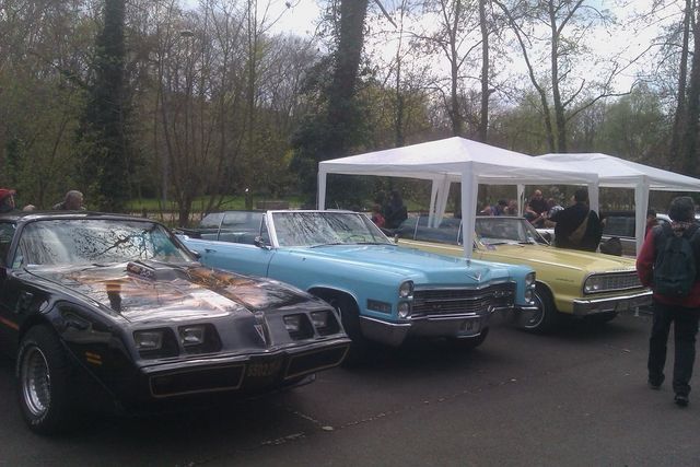 Black Trans Am, light blue Cadillac, and yellow car parked outside