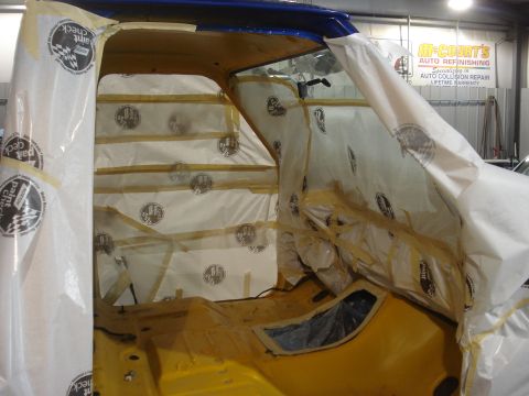 1993 Ford F-150 - Vehicle interior masked off and ready for paint work, with "Paint Check" logos visible on the sheeting.