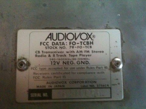1979 Ford Bronco - Label details an Audiovox CB Transceiver with AM FM Stereo Radio and 8 Track Tape Player, made in Japan.