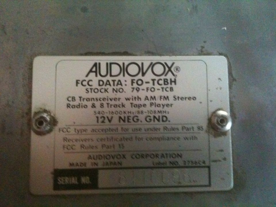 Audiovox CB Transceiver with AM FM Stereo Radio & 8 Track Tape Player label