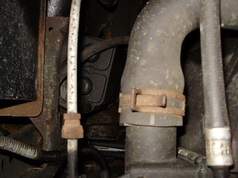 1995 Ford Bronco - Close-up view of engine bay components, including hoses and metal brackets, with visible rust.