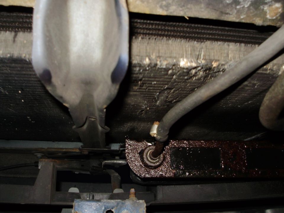 Radiator and hose assembly with rust and oil residue