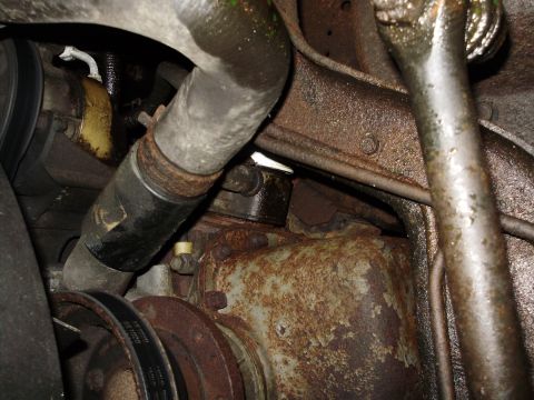 1995 Ford Bronco - This image shows a close-up view of various engine components, including hoses and pulleys, with visible rust and oil.