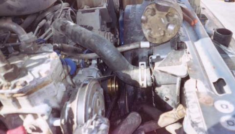 1987 Ford Bronco - belt clearence after trimming radiator hose, you can see the piece i cut off on the rad suport