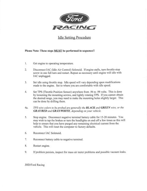 1993 Ford F-150 - This document outlines the steps for setting the idle on a Ford Racing vehicle.