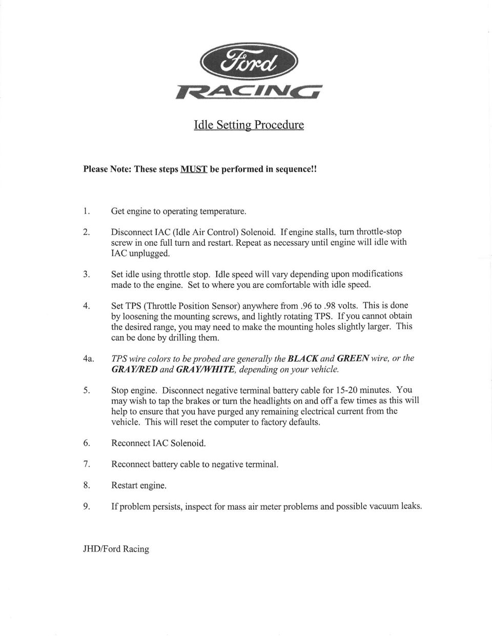Ford Racing idle setting procedure: IAC disconnect, throttle-stop idle, TPS 0.96-0.98V, PCM reset