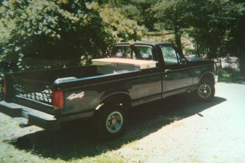 1993 Ford F-150 - A black Ford F-150 pickup truck is viewed from the rear three-quarter angle, parked on a gravel surface with trees in the background.