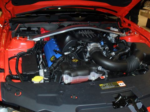 2012 Ford Mustang - The engine bay of a 2012 Ford Mustang features blue valve covers and a silver strut tower brace.
