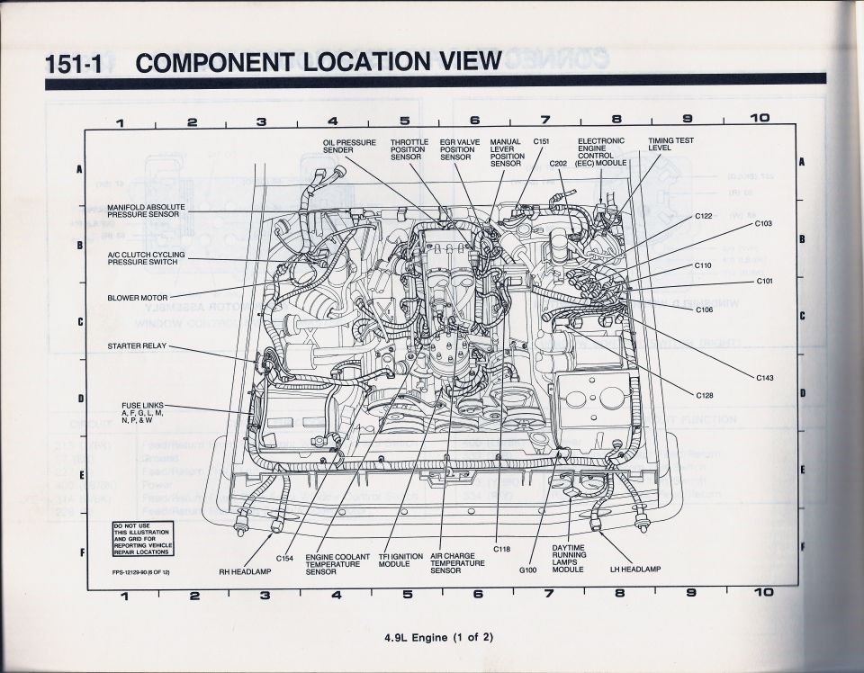Component location view diagram for a 4.9L engine showing sensor labels