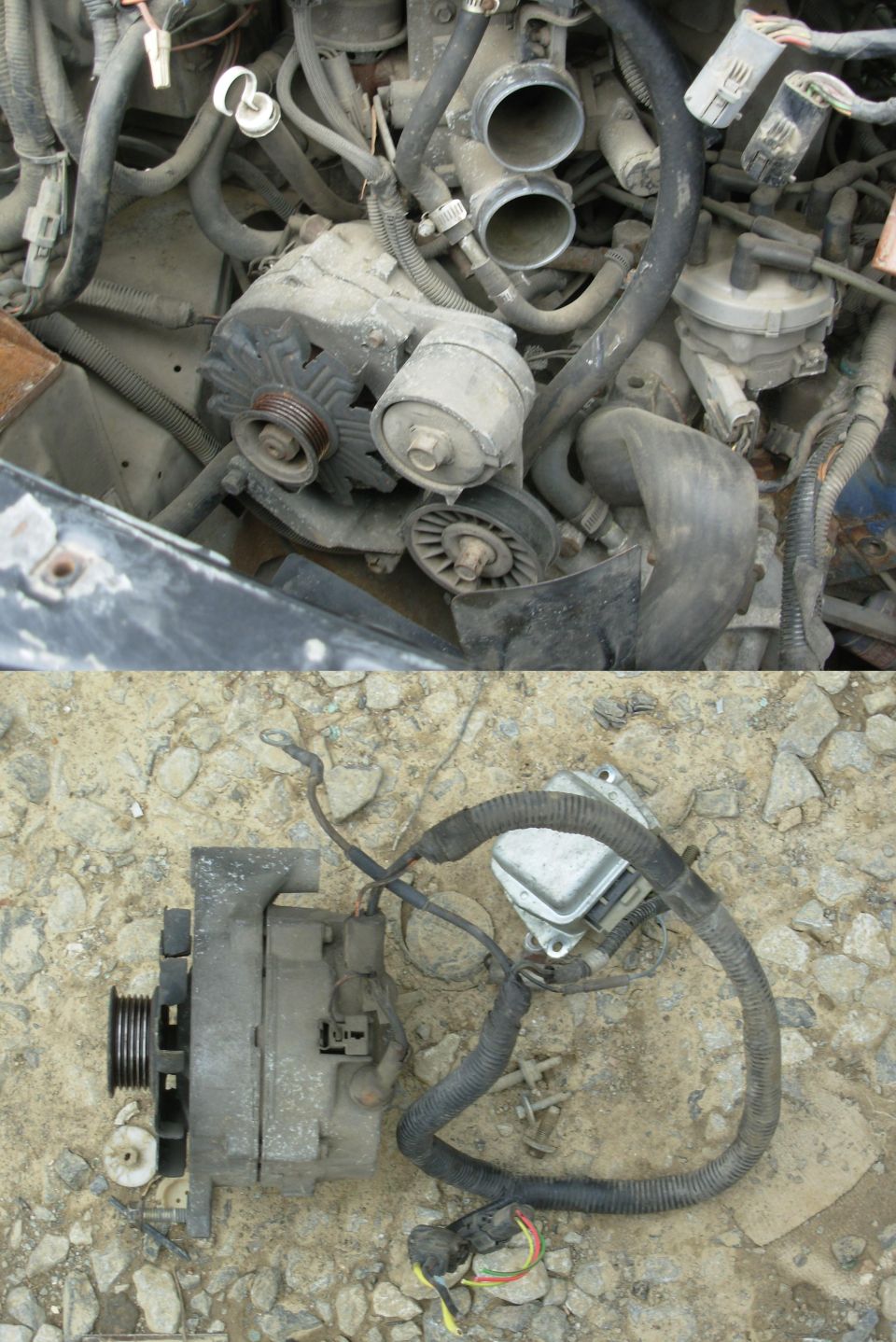 Alternator and engine accessories, top photo in vehicle and bottom on the ground