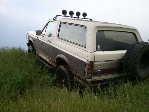 1989 Ford Bronco - This Ford Bronco is shown on a grassy incline with a spare tire mounted on the rear.