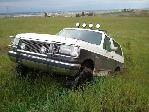 1989 Ford Bronco - This 1989 Ford Bronco is stuck in a grassy field, its front end tilted and tires deep in mud.