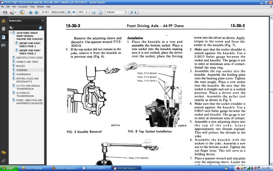 1973 Ford Truck Shop Manual front driving axle knuckle removal, 44-9F Dana, page 15-30-5