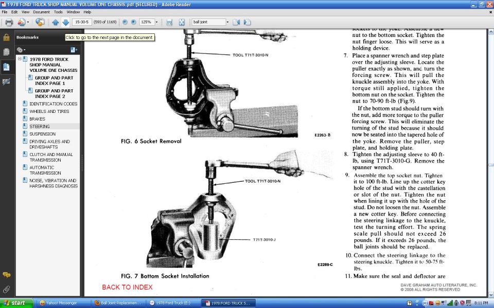 1973 Ford Truck Shop Manual front driving axle bottom socket installation, Dana 44-9F, page 15-30-5