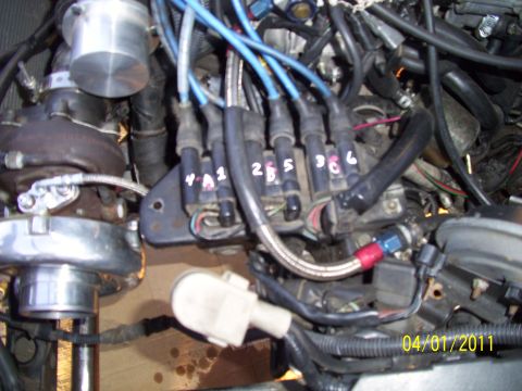 1995 Ford Probe - Close-up view of an engine bay, showing a turbocharger and labeled spark plug wires.